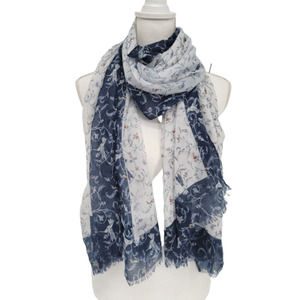 Hummingbird Rectangle Scarf Blue and White Raw Ends